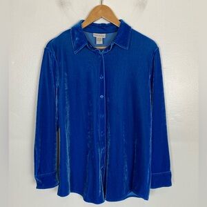 Soft Surroundings Velvet Long Sleeves Button Down Shirt PM Royal Blue Stretch
